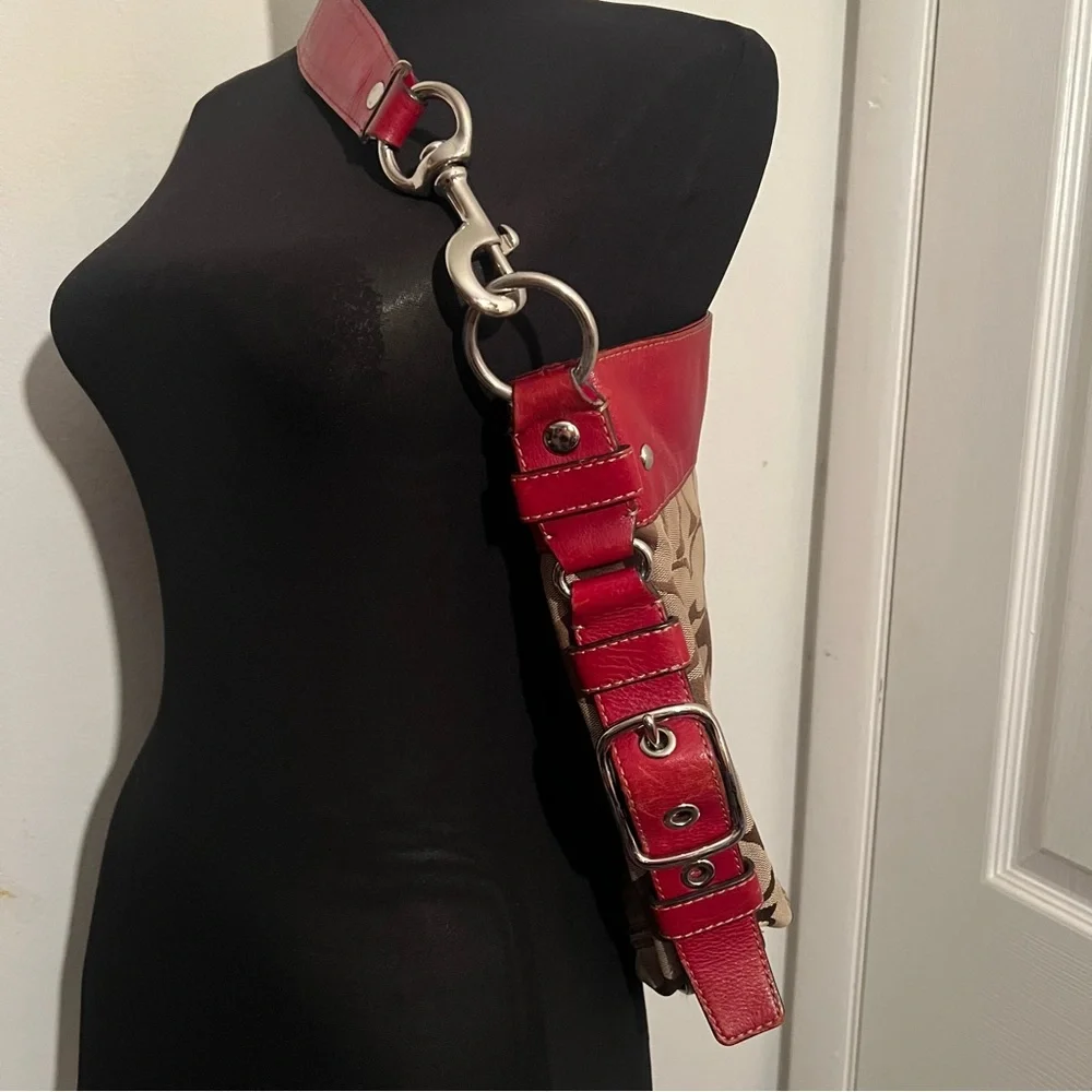 Coach F12674 Zoe Signature C Khaki Jacquard Red Leather Hobo Shoulder Bag - Picture 7 of 16